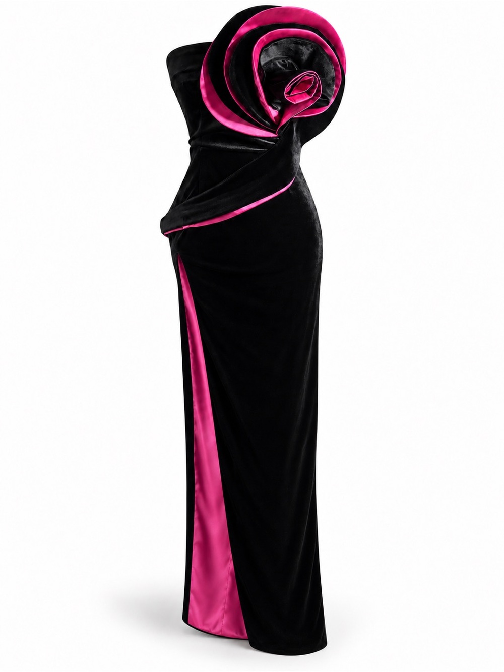 Strapless Black Velvet Evening Gown with Hot Pink Rosette Accent